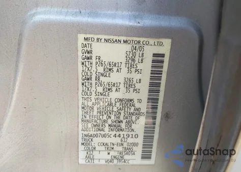 2005 Nissan Frontier Le из США, поврежденный, VIN 1N6AD07U05C441910